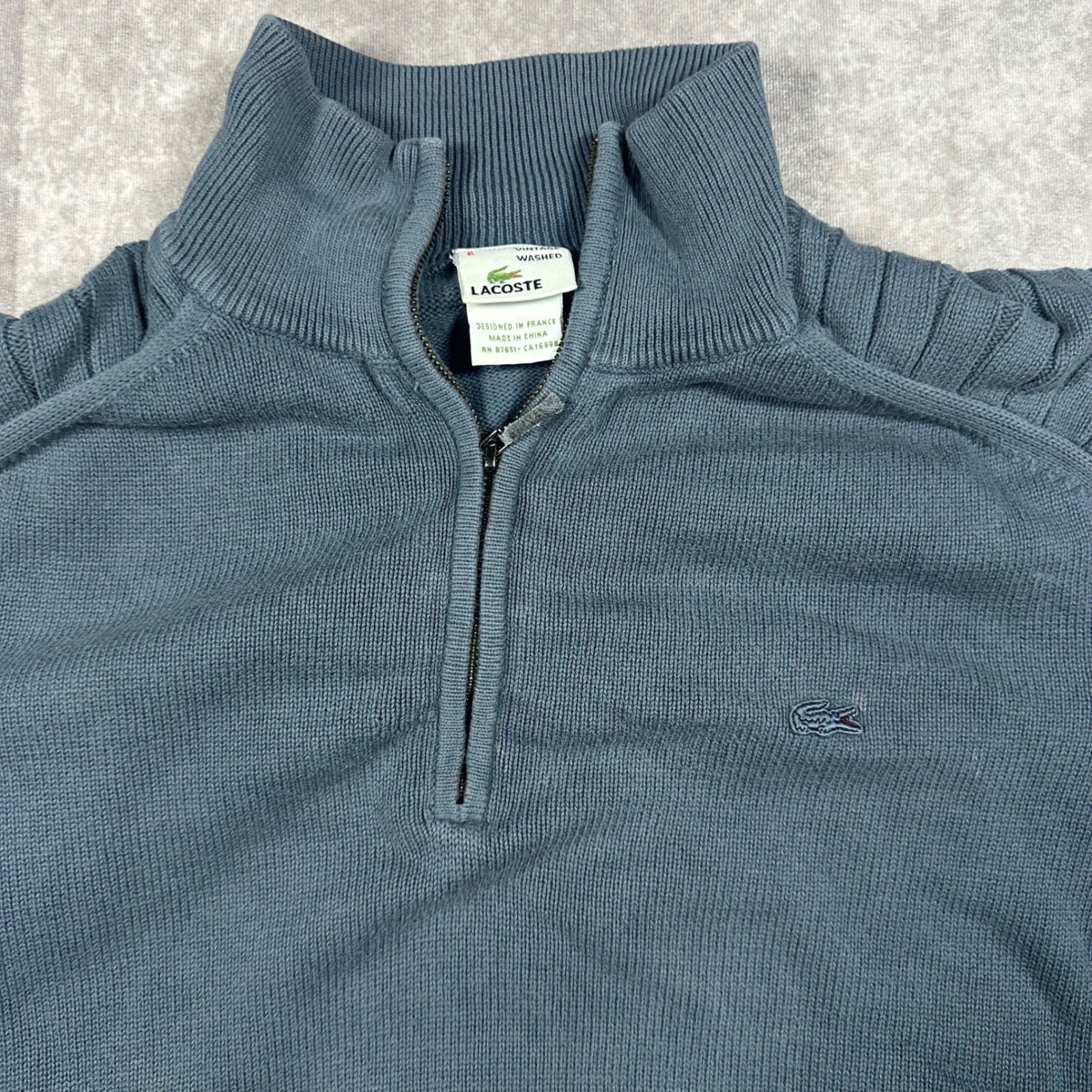 Lacoste Mens Vintage Washed Blue Quarter Zip Sweater Ribbed Size 6 L Preppy — image 3 of 8